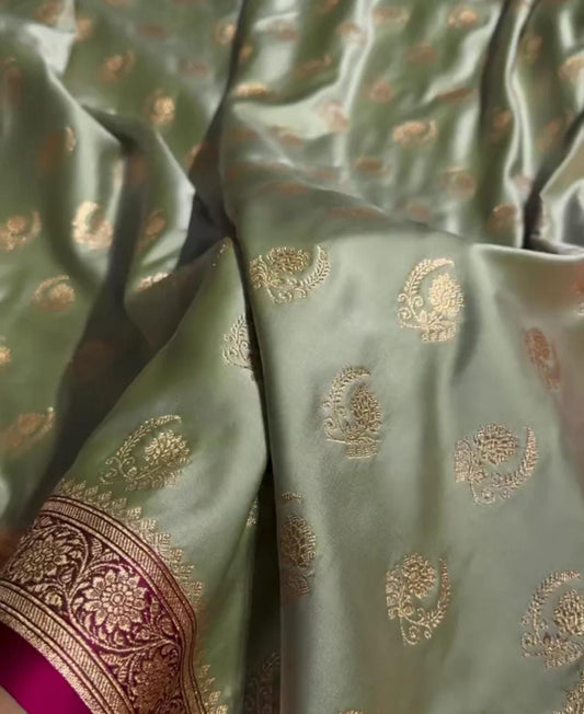 Green Katan Silk Saree with Zari Butta and Pink Border