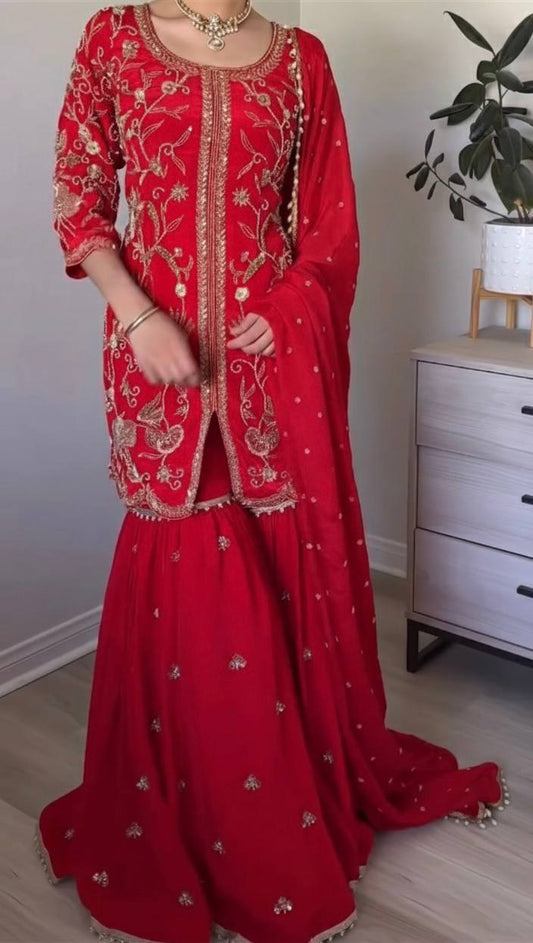 Designer Party Wear Look Top-Plazzo and Dupatta With Heavy Embroidery Work