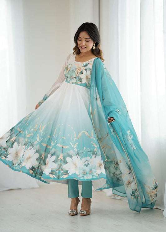 Aqua Blue Pure soft organza silk Anarkali Suit