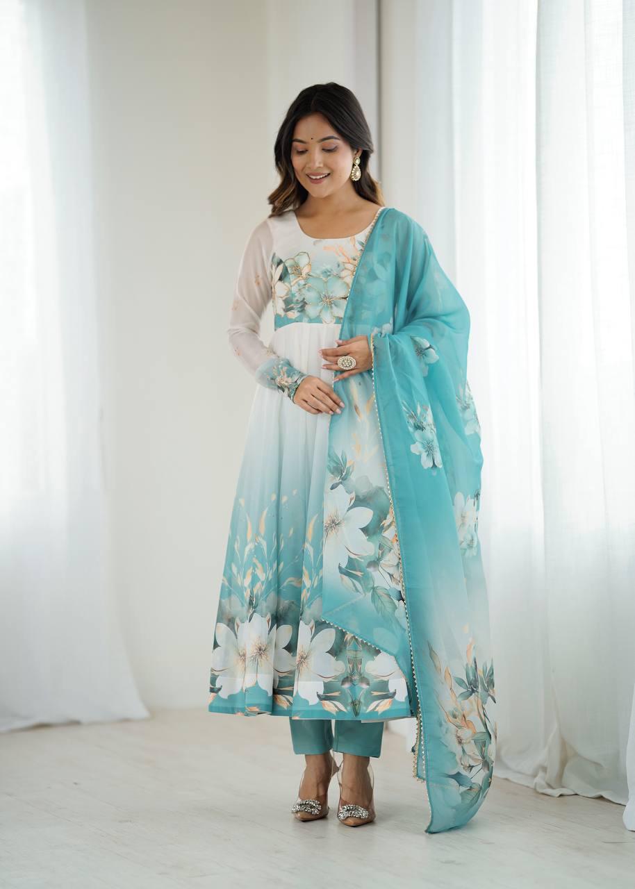Aqua Blue Pure soft organza silk Anarkali Suit