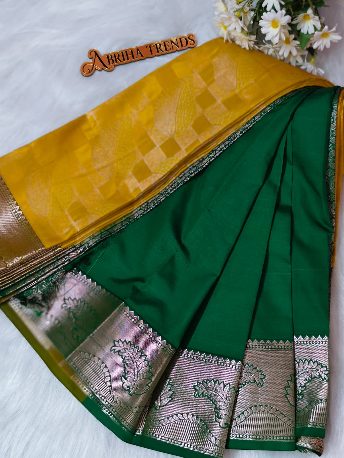 Yellow Kanchi Soft Silk Saree | Mustard Yellow with Emerald Green Zari Border