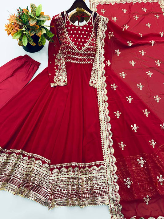 Red Sequin Embroidered Anarkali Gown with Dupatta – Designer Party Wear