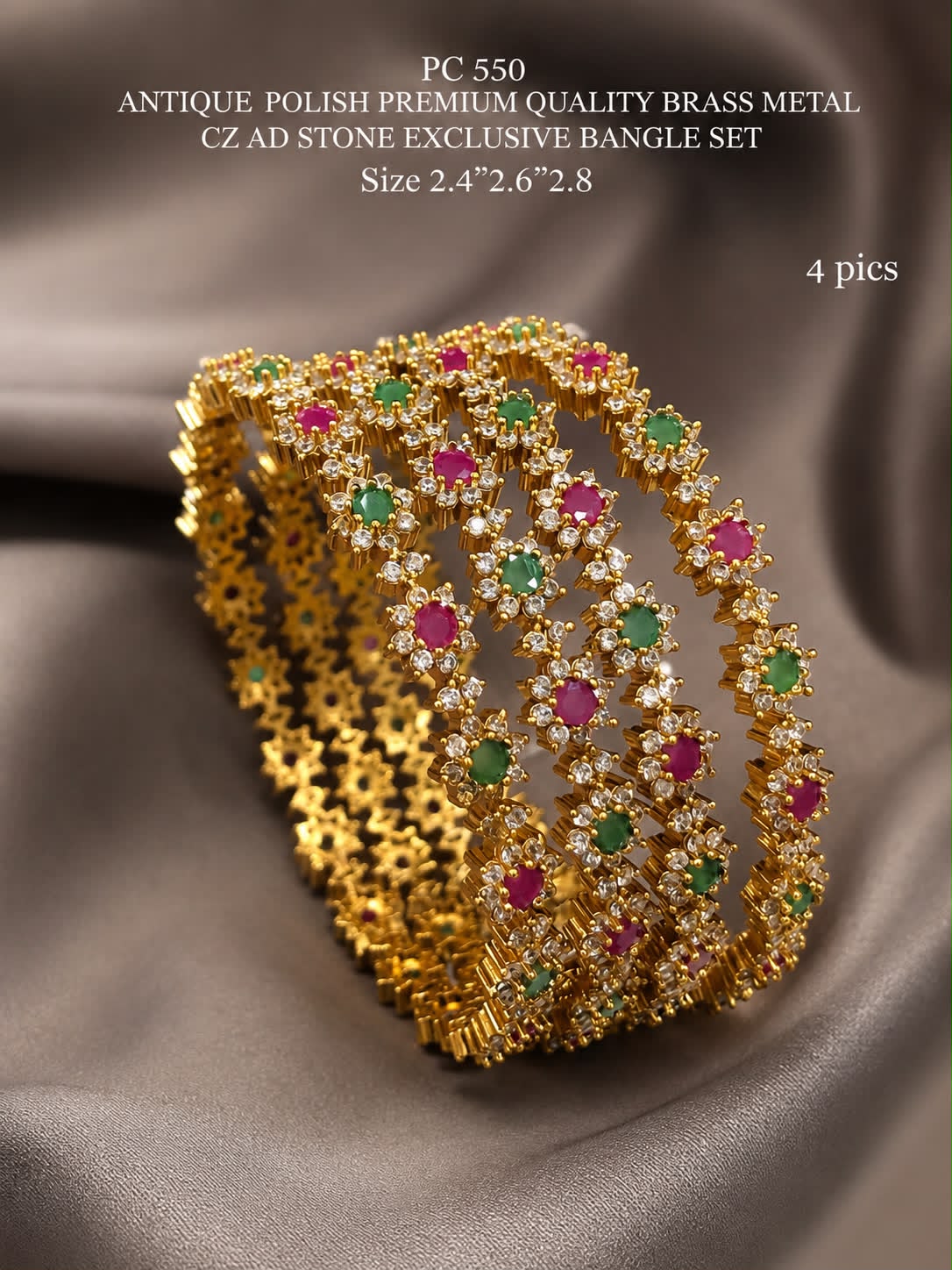 Antique Polish Premium Brass Bangle Set with CZ & AD Stones
