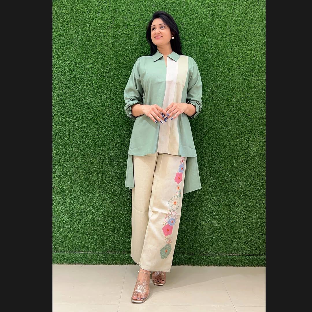 Sage Blossom Co-ord Set | Premium Cotton Kurti & Palazzo with Floral Embroidery