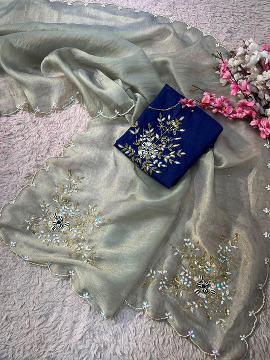 Gabbana Satin Tissue Saree with Butta Pallu & Khatli Border