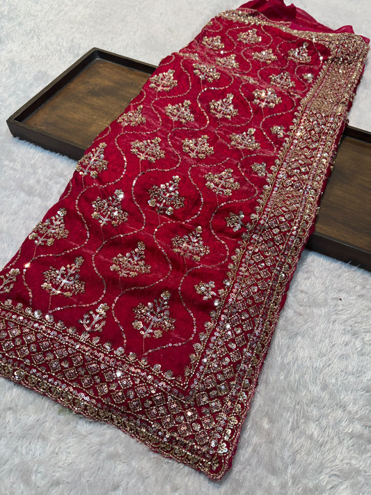 Red Fendy satin saree with rose gold bead and sequin jaal and lattice border
