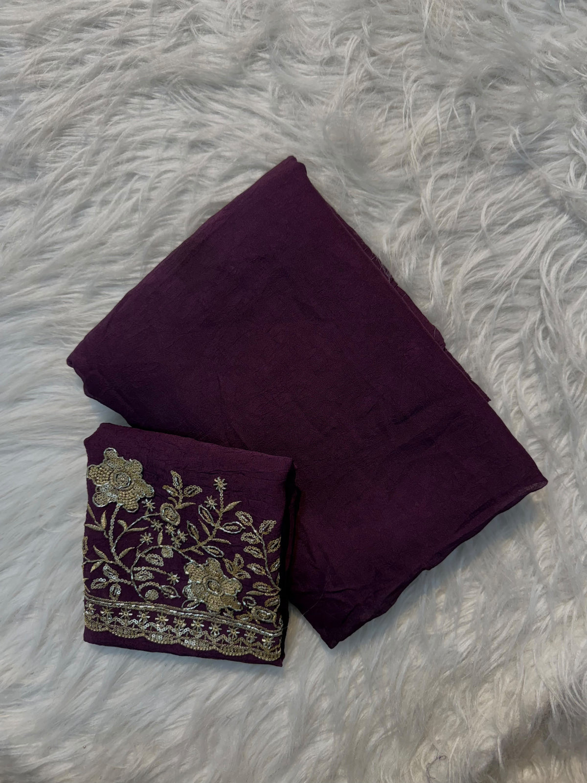 Wine plain georgette saree with sequin floral embroidered blouse and scalloped border