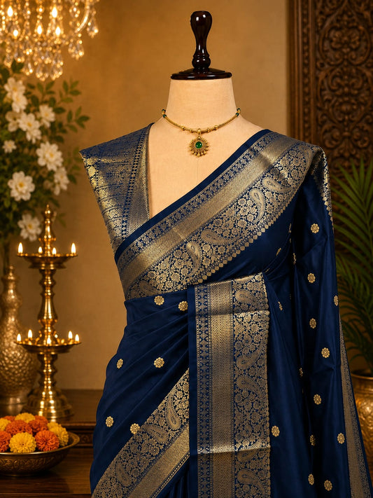 Navy blue Banarasi semi katan silk saree with antique gold paisley zari border
