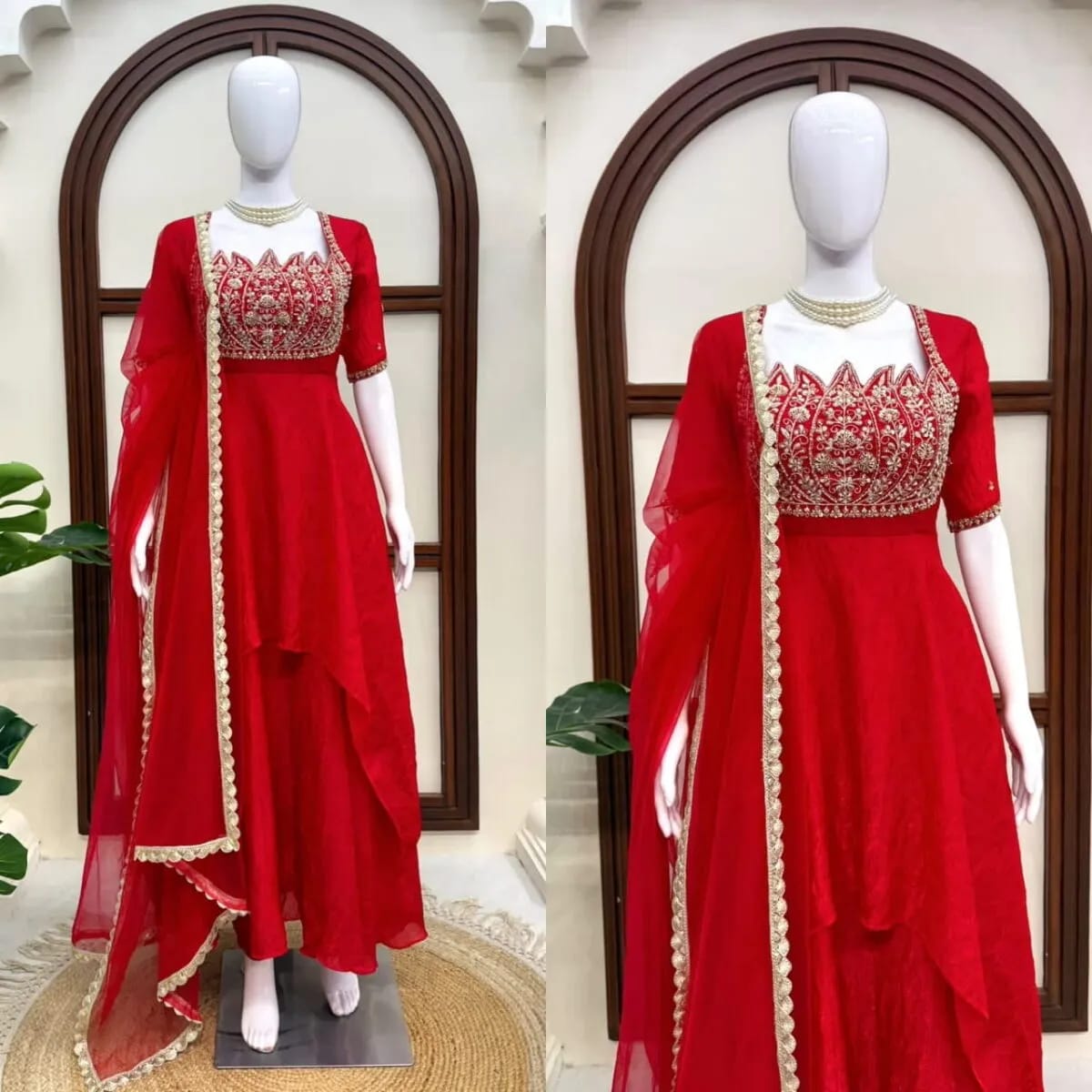 Red Anarkali gown set with lace net dupatta displayed on mannequin