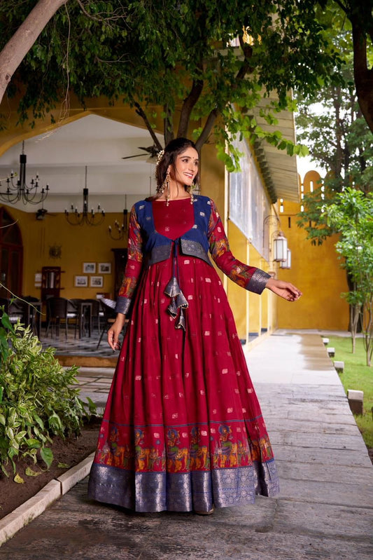 Beautiful Printed koti Over a Flared Chanderi-Style Gown