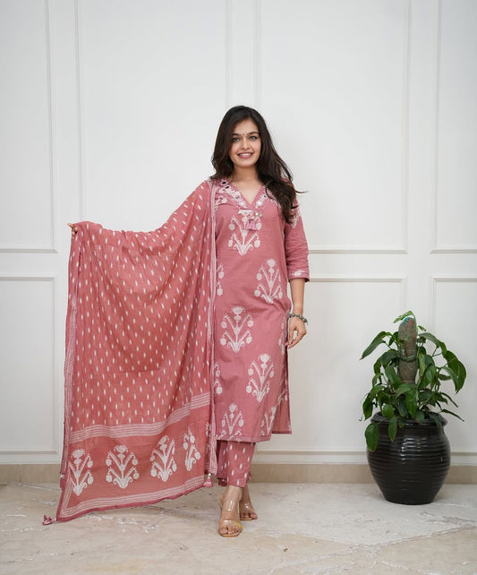 Printed Cotton kurta, Pant & Dupatta Set