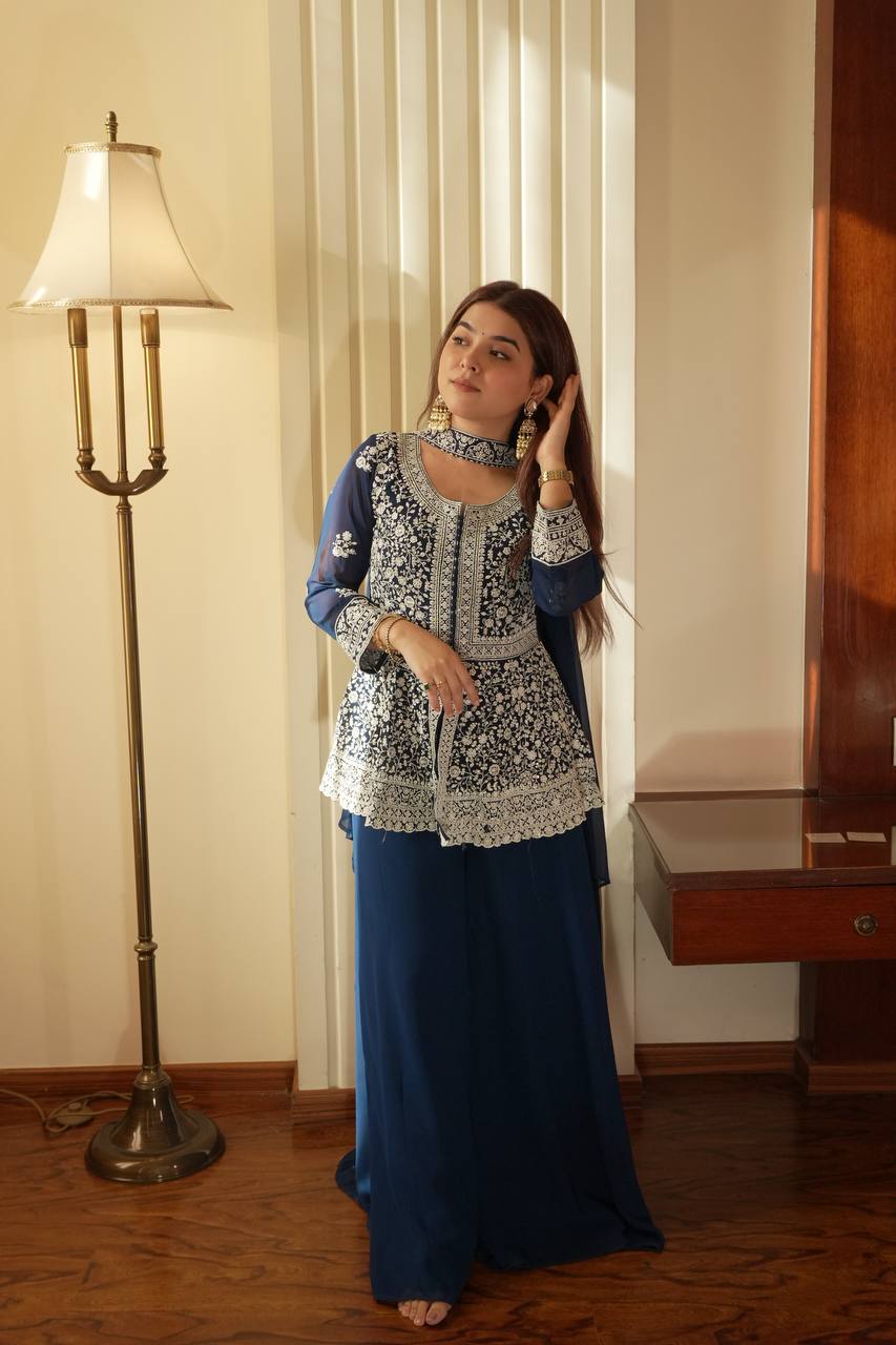 Embroidered Peplum Top with Palazzo Pair