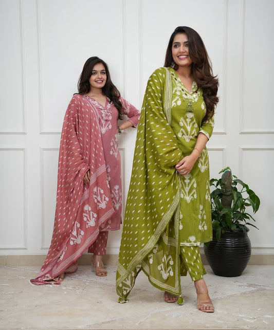 Printed Cotton kurta, Pant & Dupatta Set