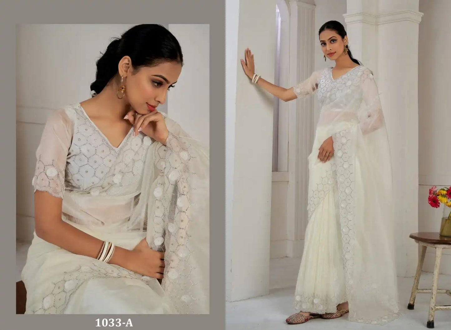 Intricate embroidered Oraganza Saree