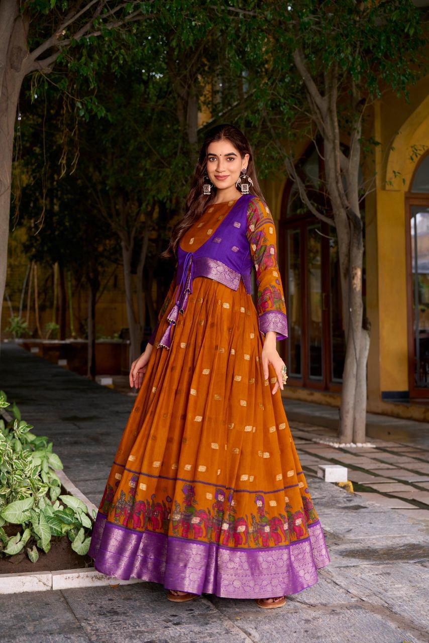 Beautiful Printed koti Over a Flared Chanderi-Style Gown