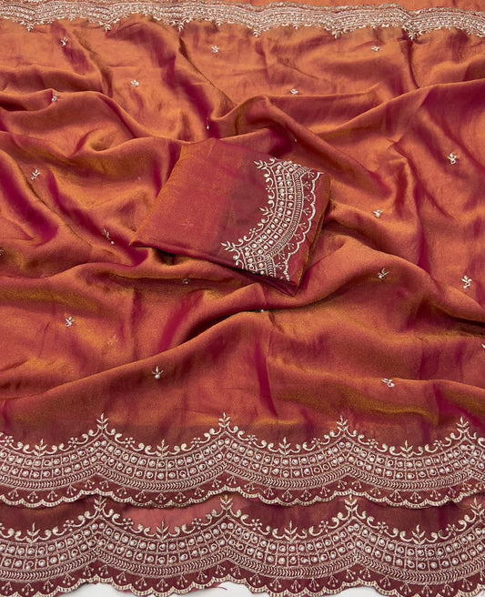 Satin Dual Shade Multi Embroidery Work Saree