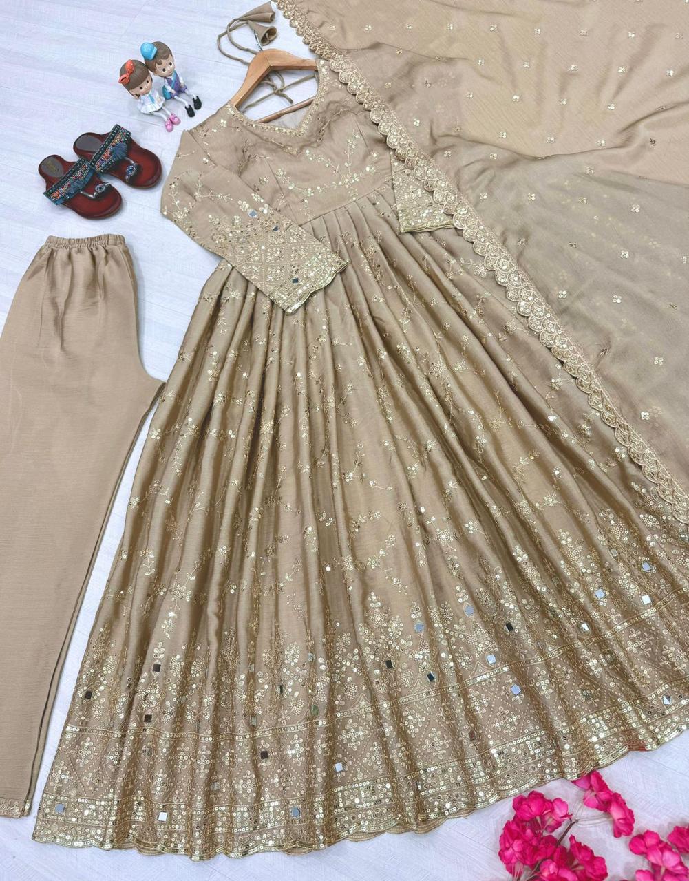 Designer Party Wear Look Fancy Anarkali Gown,Dupatta & Bottom Set