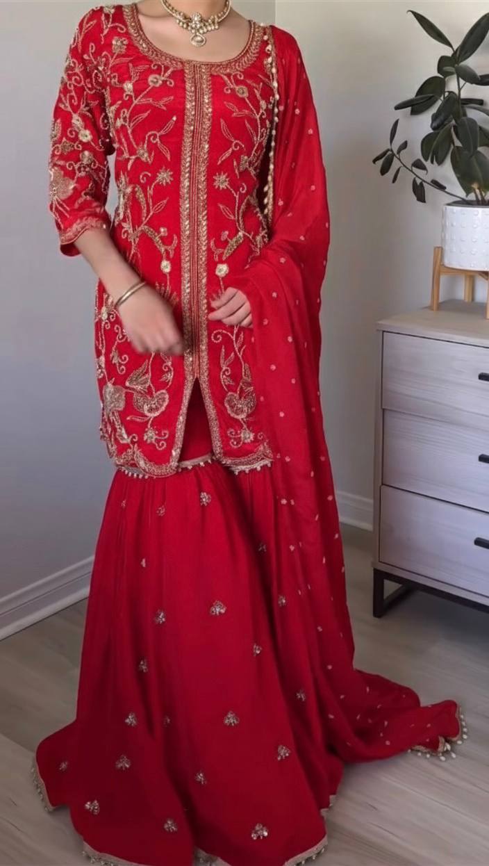 Designer Party Wear Look Top-Plazzo and Dupatta With Heavy Embroidery Work