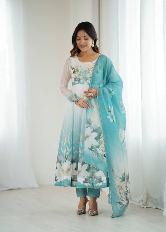 Aqua Blue Pure soft organza silk Anarkali Suit