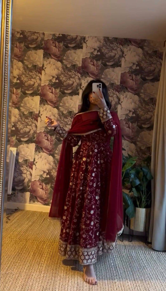 Elegant Embroidered Sequence Designer Anarkali Three Piece Set