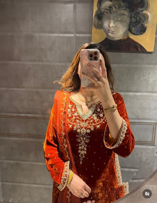 Deep Rust Viscose Velvet Suit