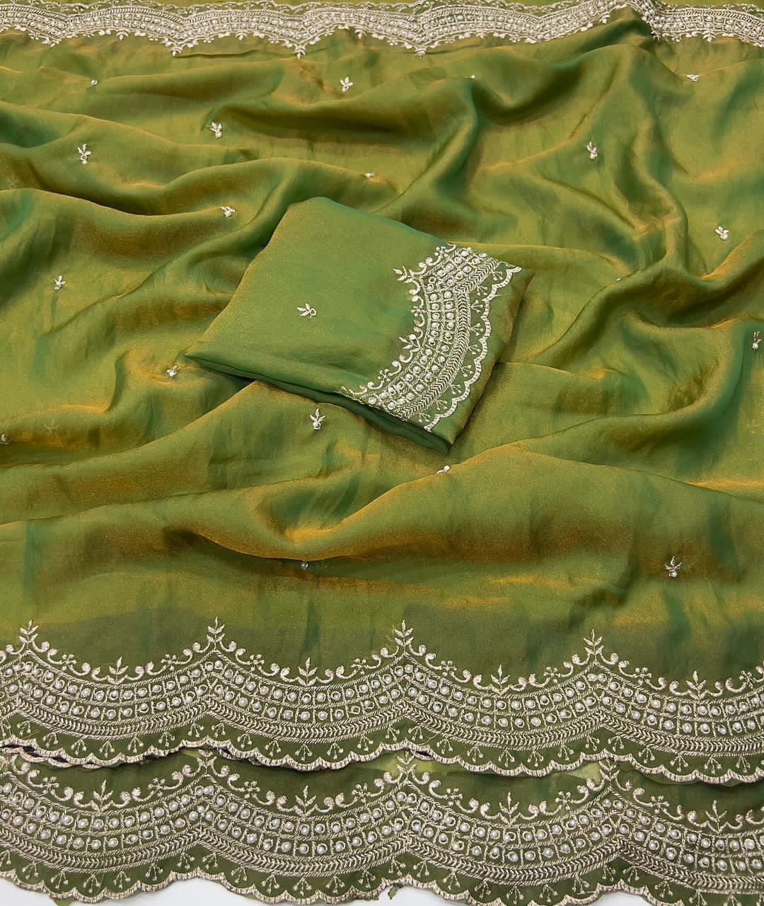 Satin Dual Shade Multi Embroidery Work Saree