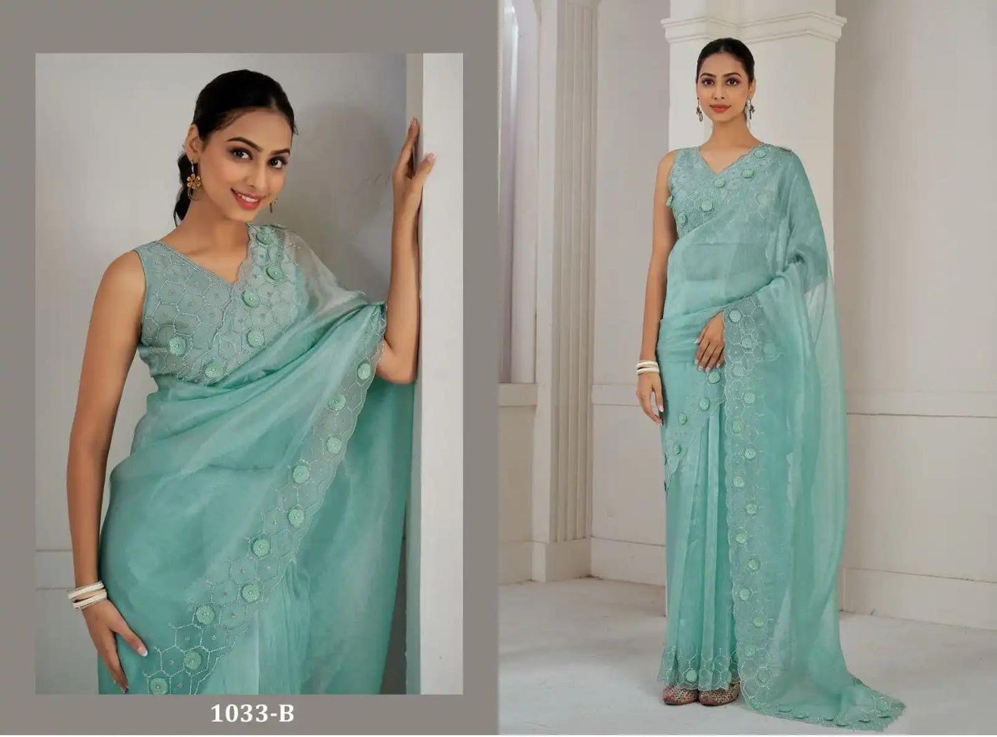 Intricate embroidered Oraganza Saree