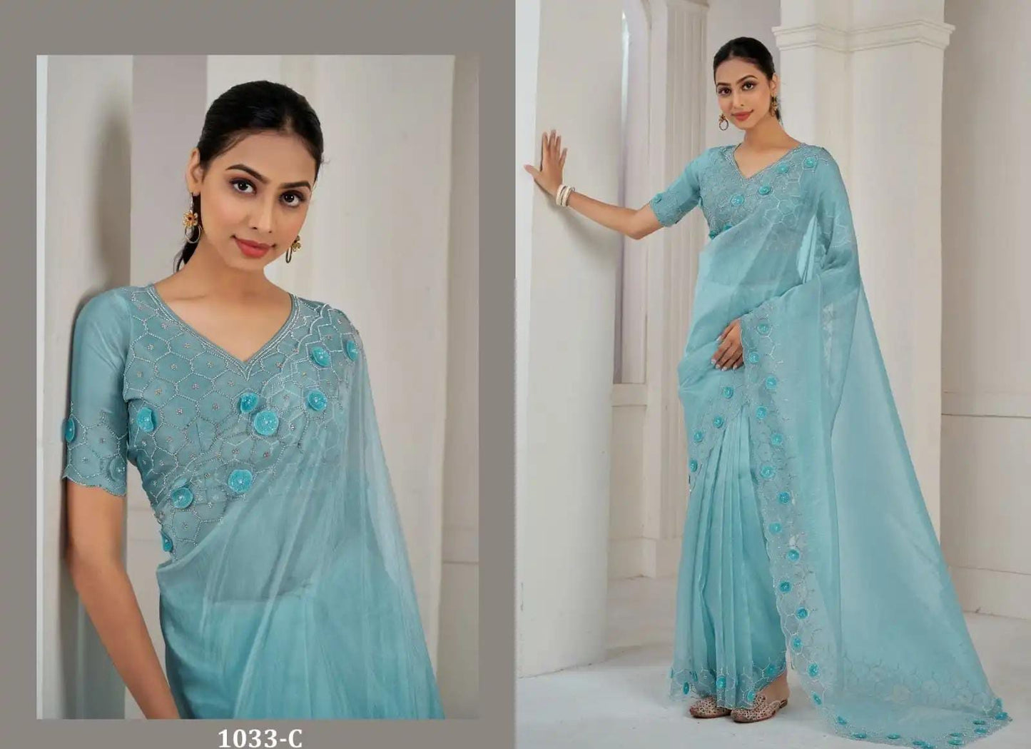 Intricate embroidered Oraganza Saree