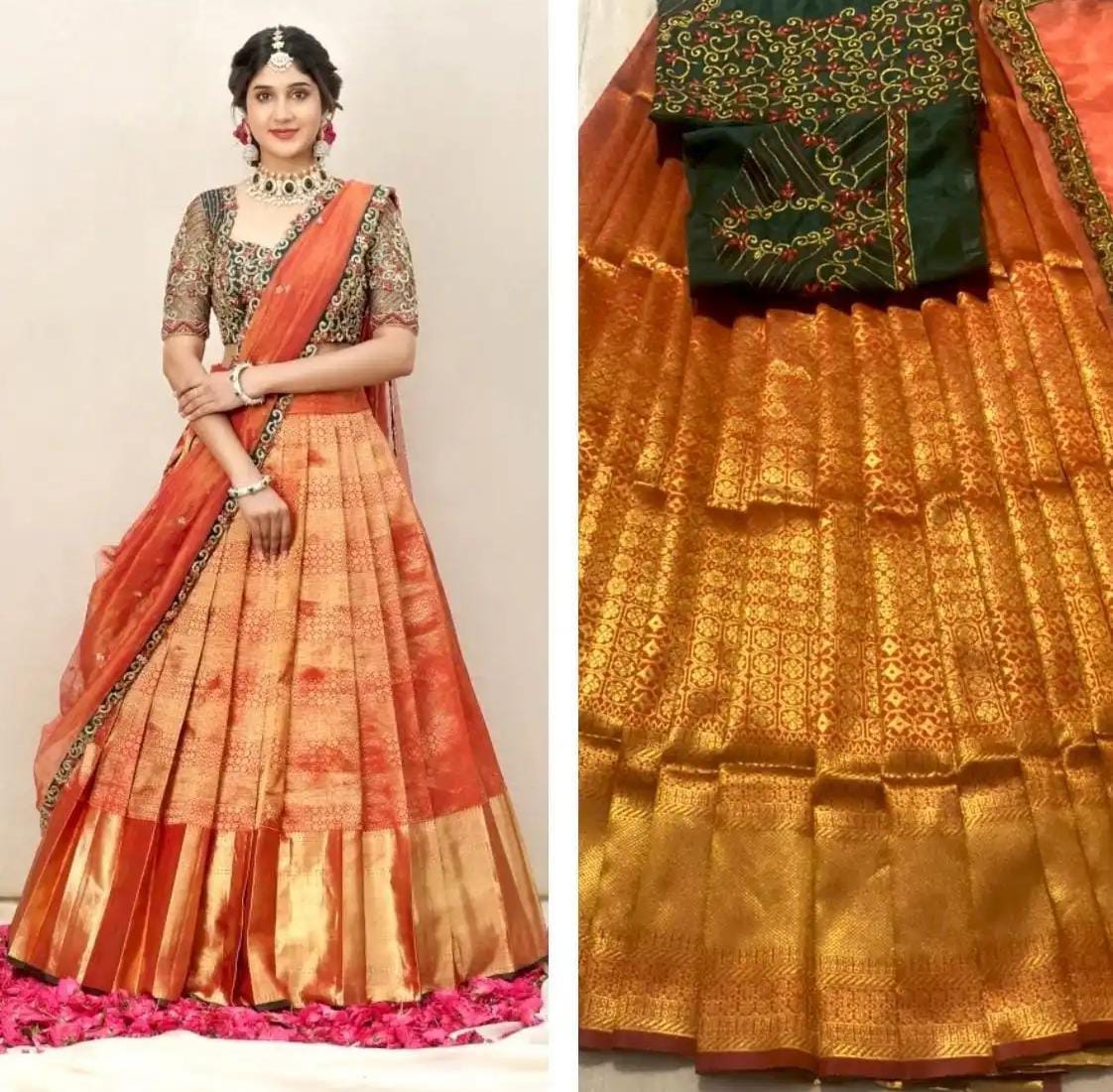 Rust Orange Kanjeevaram Silk HalfSaree