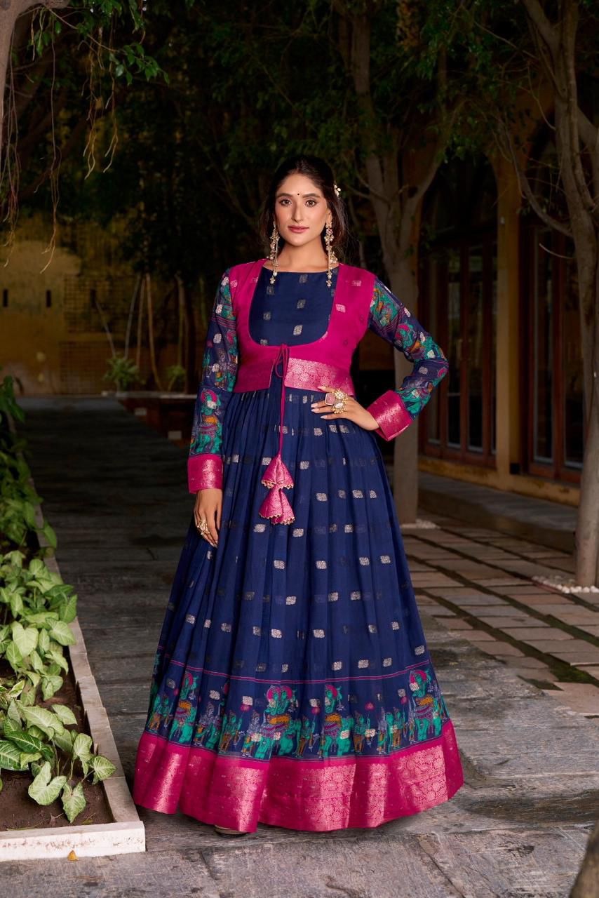 Beautiful Printed koti Over a Flared Chanderi-Style Gown
