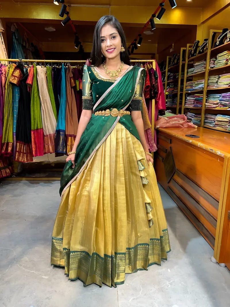 Tissue Silk Half Saree with Aari work Blouse