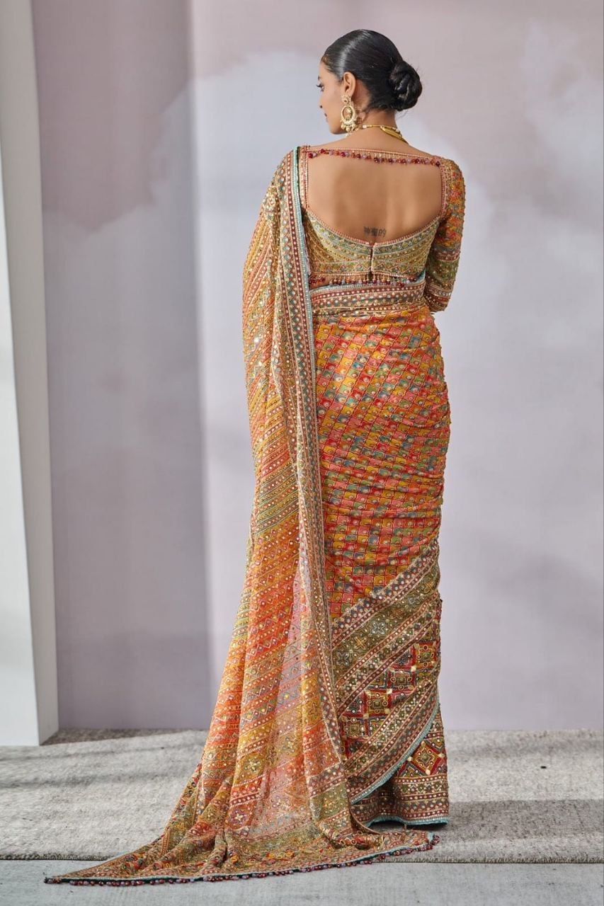 Chinon silk saree with matching blouse - Abriha Trends