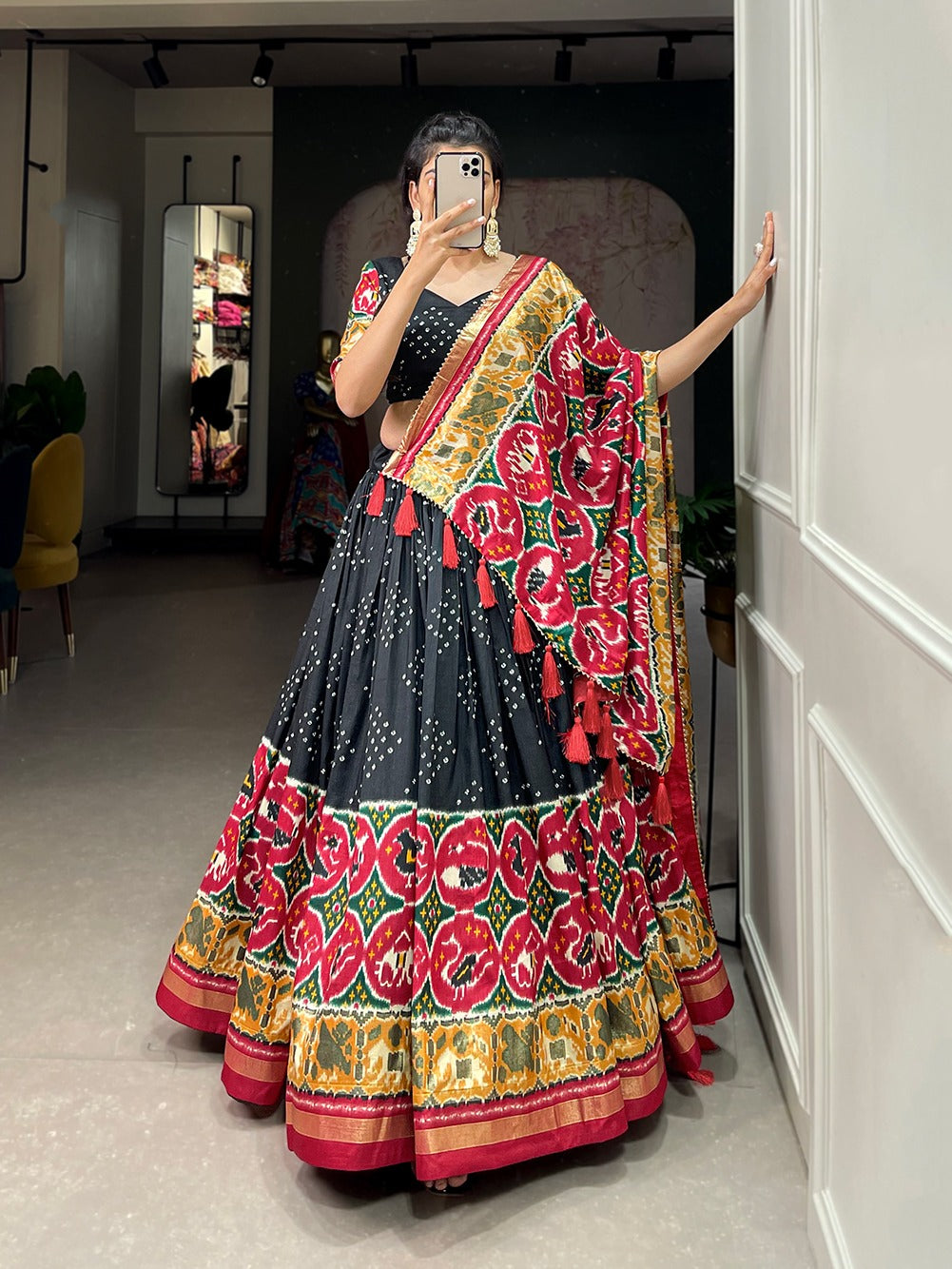 Sheer Tussar Silk with Patola Print Lehenga