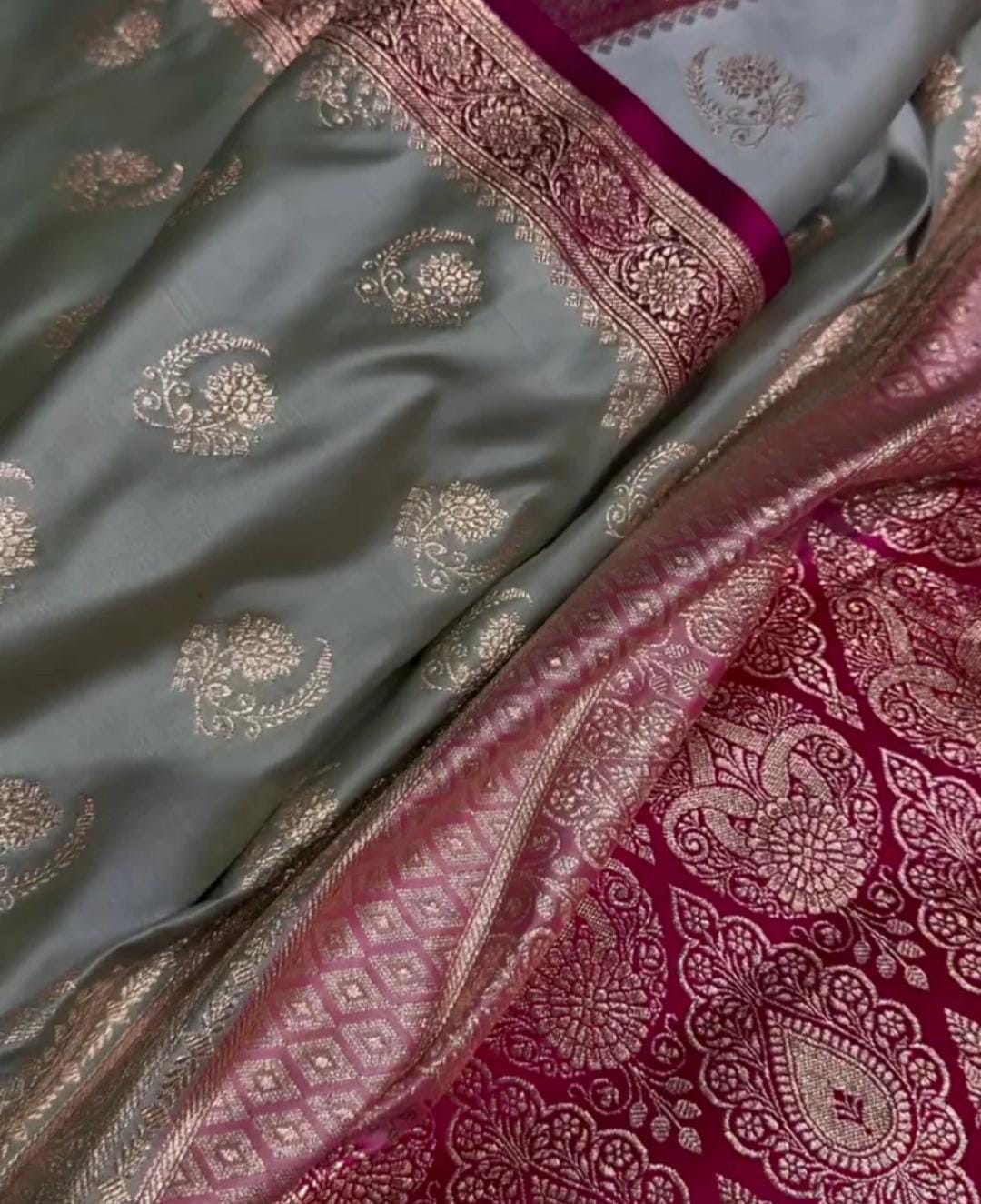 Green Katan Silk Saree with Zari Butta and Pink Border