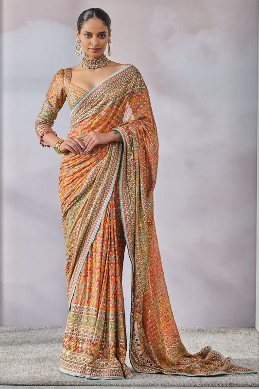 Beautiful Chinnon silk Mirrorwork Saree