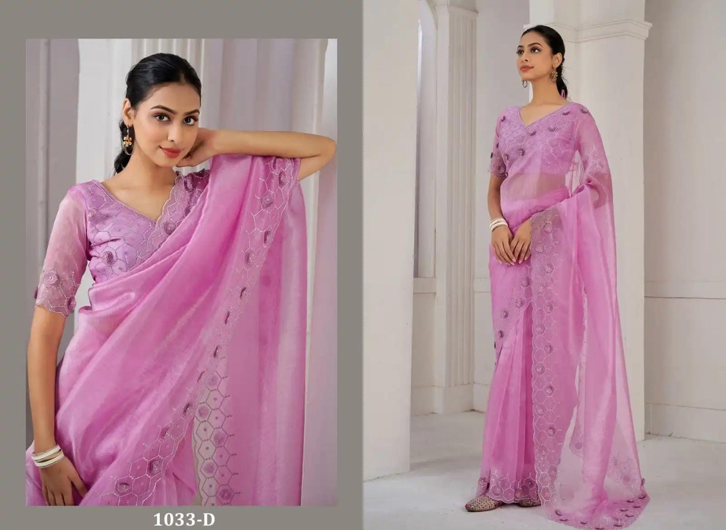 Intricate embroidered Oraganza Saree