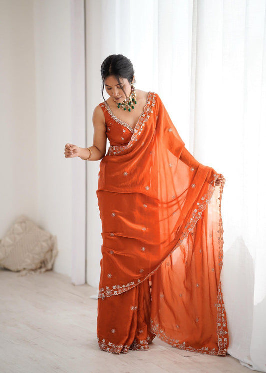 Classic Orange Embroidered Saree