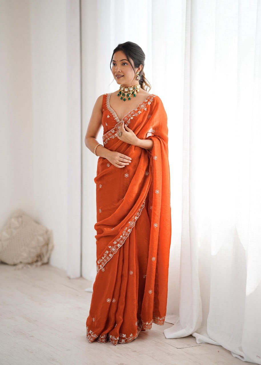 Classic Orange Embroidered Saree