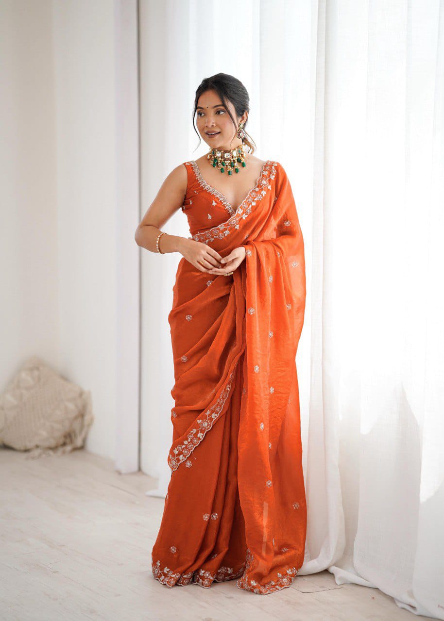 Classic Orange Embroidered Saree