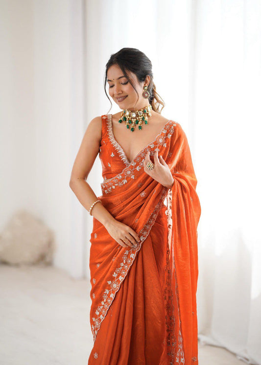 Classic Orange Embroidered Saree