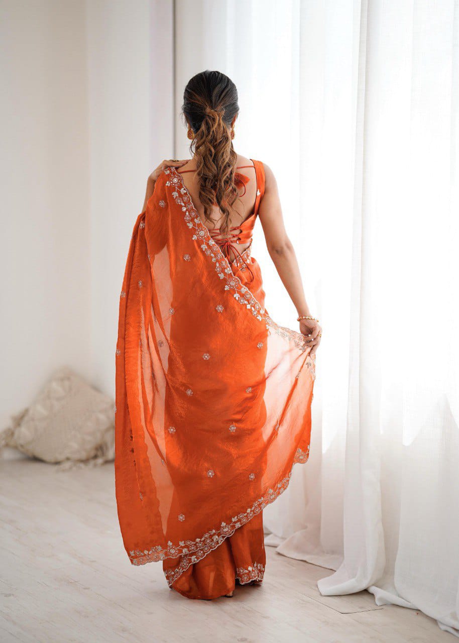Classic Orange Embroidered Saree
