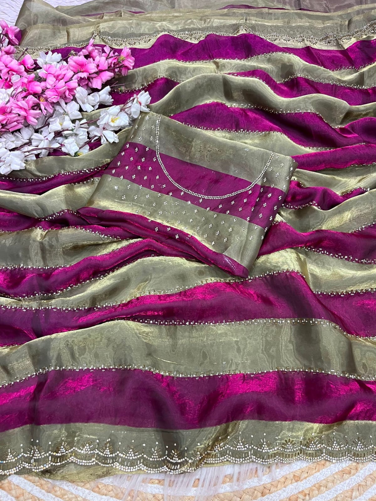 ✨ New Arrival | Premium Designer Space Silk Saree with siroski and Jharkan work✨