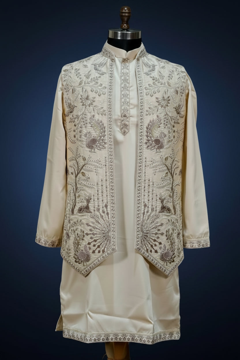 Decorative shirt with intricate patterns on a mannequin against a neutral background