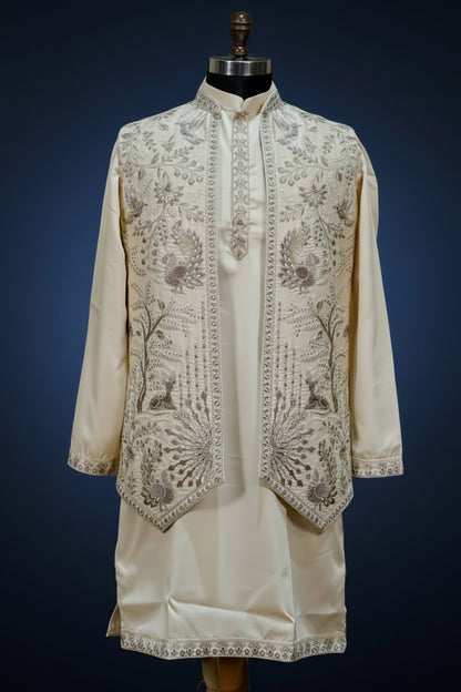 Decorative shirt with intricate patterns on a mannequin against a neutral background