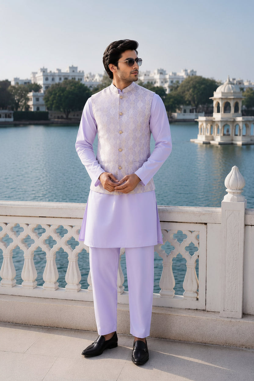 A man wearing a light purple/lavender traditional Indian outfit with a matching embroidered waistcoat and trousers, standing outdoors by a lake with a white stone railing and a domed pavilion in the background.