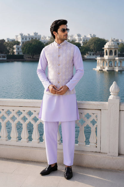 A man wearing a light purple/lavender traditional Indian outfit with a matching embroidered waistcoat and trousers, standing outdoors by a lake with a white stone railing and a domed pavilion in the background.
