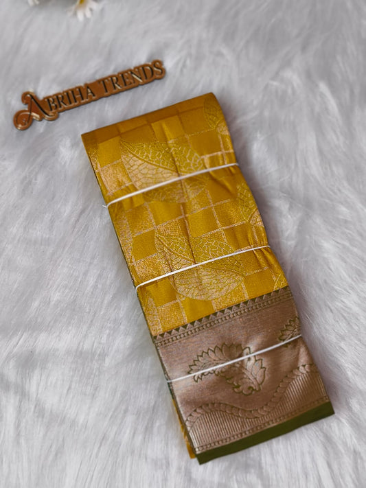Yellow Kanchi Soft Silk Saree | Mustard Yellow with Emerald Green Zari Border