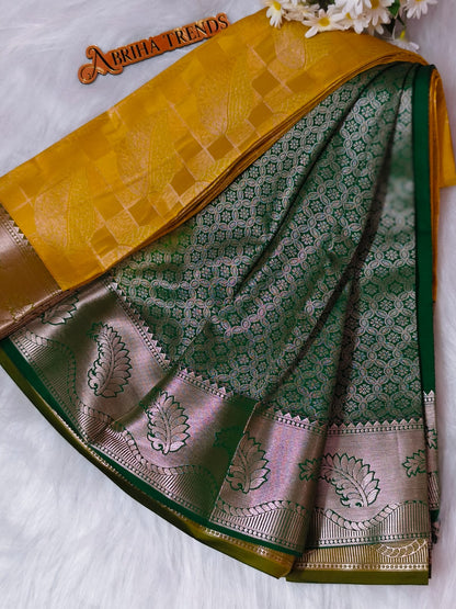 Yellow Kanchi Soft Silk Saree | Mustard Yellow with Emerald Green Zari Border