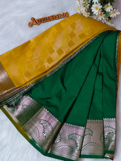 Yellow Kanchi Soft Silk Saree | Mustard Yellow with Emerald Green Zari Border