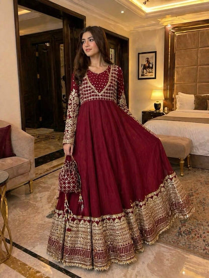 Red Sequin Embroidered Anarkali Gown with Dupatta – Designer Party Wear